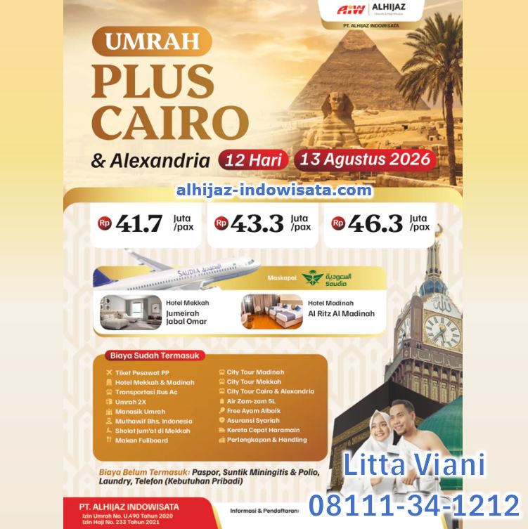 UMROH PLUS CAIRO ALEXANDRIA KERETA CEPAT 41,7 JT ALL IN 12 HARI AGUSTUS