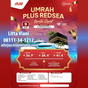 Promotional poster for Umrah package: Umrah Plus RedSea, 9 days, departs 15 August 2026; contact Litta Viani at 0811-34-1212.