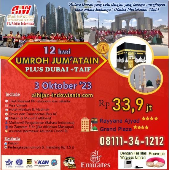 UMROH JUMATAIN PLUS DUBAI + TAIF 12 HARI 3 OKTOBER 2023
