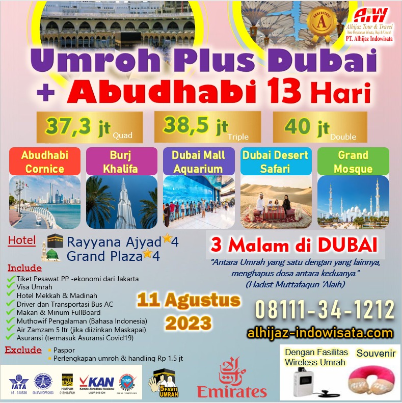UMROH PLUS DUBAI + ABUDHABI 13 HARI 11 AGUSTUS 2023