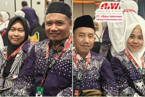Two travelers posing in matching purple outfits for a photo, with a cut between two shots and a travel-logo in the corner (Alhijaz Tour & Travel).