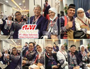 Group of smiling travelers posing for photos at a travel event, featuring the Alhijaz Tour & Travel logo in the center collage site.