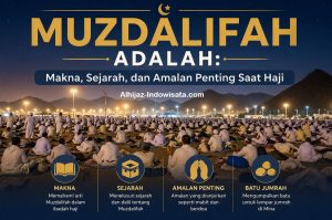 Banner promosi Haji Muzdalifah Adalah; sebaran jamaah di Mina dengan empat ikon topik di bagian bawah