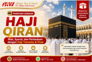 Promotional poster for Haji Qiran travel package featuring the Kaaba with pilgrims in white robes and bold red text 'HAJI QIRAN'.