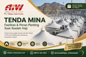 Advertisement banner for Alhijaz Tour & Travel promoting Tenda Mina tents for Hajj with contact info and icons at the bottom, green and gold branding.